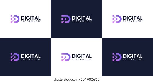 Collection of Technology logo. Initial letter D with connected data technology style design icon vector