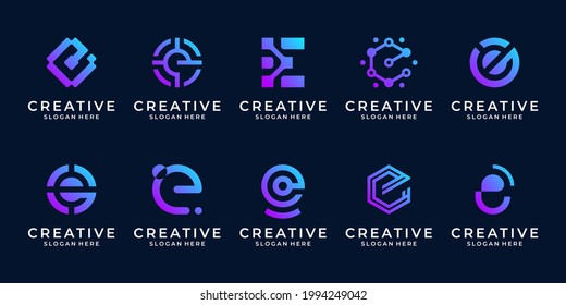 Collection Of Technology Logo Template With Abstract Letter E Symbol Digital, Data, Dot, Connection And Target For Business.