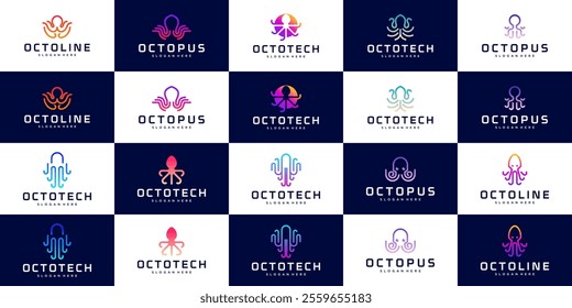 collection of technology logos with the concept of underwater animals, octopus, tentacles, graphic design illustration.
