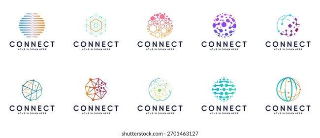 Una colección de logotipos de tecnología con un concepto de conexión de red en forma de globo, tecnología global, diseño de ilustración gráfica.