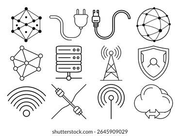 Colección de la tecnología y de los iconos de la red incluyendo un servidor del globo y la señal del Wi-Fi aislados en el fondo blanco