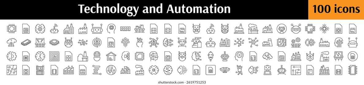 Collection of Technology Related Line Icons. Chip, Robot, Factory, Artificial Intelligence Outline Signs for Graphic and Web Design, Apps, Adverts, Various Cards