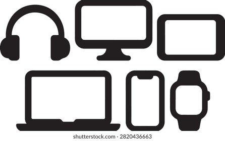 Collection of technology symbols, including headphones, monitor, laptop, tablet, smartphone, and smartwatch. Digital icons.