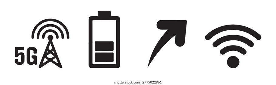 Collection of technology symbols including mobile network cell tower battery indicator directional arrow and wifi signal.