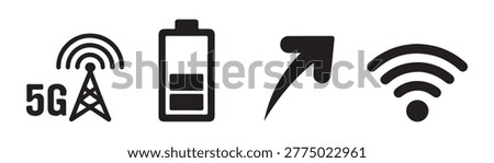 Collection of technology symbols including mobile network cell tower battery indicator directional arrow and wifi signal.