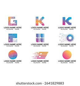 Collection of technology themed logo designs isolated on white background