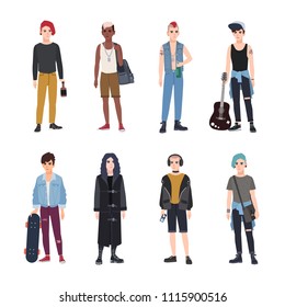 Collection of teenage boys, fans of various youth subcultures or countercultures - punk, rock, hip hop, skateboard, goth. Set of teenagers dressed in modern clothes. Flat cartoon vector illustration.