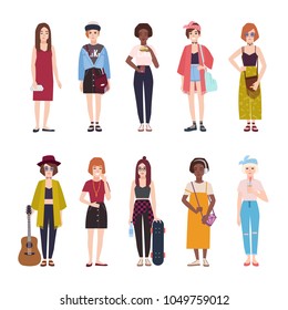 Collection of teenage girls dressed in trendy clothing. Set of young modern female teenagers in stylish outfits. Flat cartoon characters isolated on white background. Colorful vector illustration