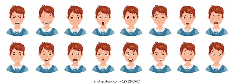 Collection of teenager avatars with different emotions. Cute boy character.