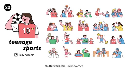 Una colección de personajes deportivos adolescentes. mega set. ilustración simple del vector de esquema.