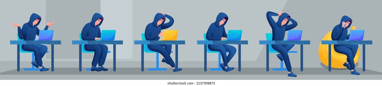 Collection of Teenagers in modern casual clothes. Variants of the movements. Hacker. Young Specialist is Sitting on a Chair, Drinking Coffee, Talking on the Phone