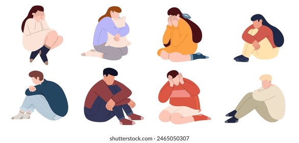 Collection of teens in stressful situations or teenager's psychological problems. Stressed unhappy crying teenagers in depression. Upset tired young people. Flat graphic