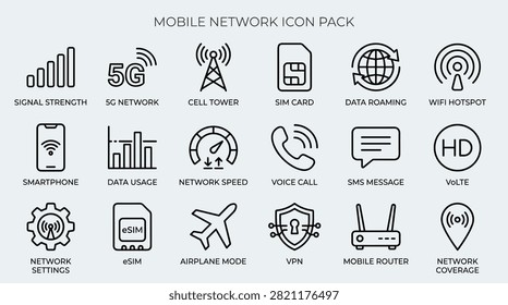 Collection of telecom elements for mobile connectivity, presenting sleek outline illustrations suitable for network providers, smartphone applications, and digital communication platforms, enhancing clarity in tech-related content.