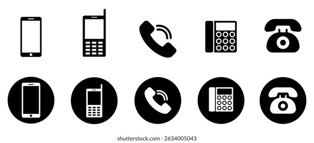 Coleção de ícones de telefone mostrando a evolução de vintage telefones rotativos para smartphones modernos em variações em preto e branco, ideal para design de interface do usuário, infográficos, comunicação e temas de tecnologia retro