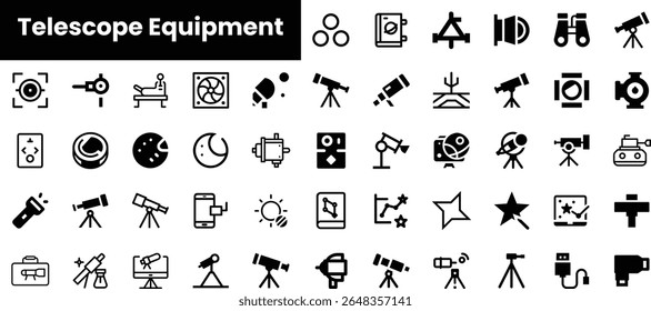 Uma coleção de ícones de equipamentos de telescópio, com vários telescópios, binóculos e ferramentas relacionadas, apresentados em um design elegante em preto e branco.