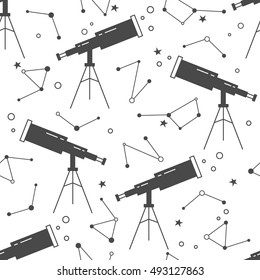 Collection of telescopes and constellations, seamless pattern vector. Hand drawn backdrop with black icon set. Modern background with flat thin line icons, night sky. Good for printing for observatory
