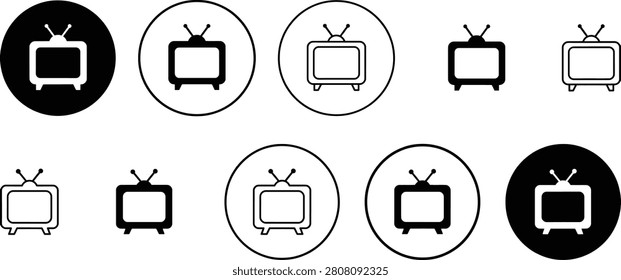 Collection of television icons featuring multiple visual styles including outline solid and circular versions suitable for media broadcast interface designs digital content streaming platforms and television related creative graphic design projects.