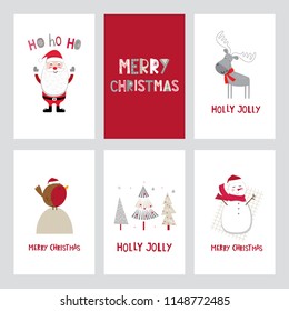 Collection template of 6 Christmas card, for greetings, vector illustration with cute characters, Santa, snowman,moose,reindeer,robin