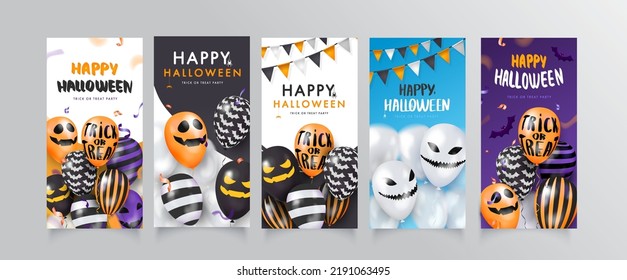 Collection Template banner with 3d balloons with faces. Happy Halloween. Vector Illustration