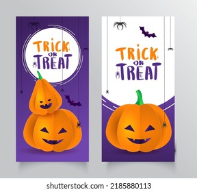 Vorlagenflyer mit 3D-Papierkürbis mit Halloween-Gesichtern. Banner, Broschüre