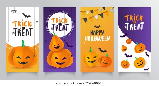 Collection Template flyer with 3D paper pumpkins with Halloween faces. Banner, brochure