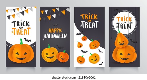 Vorlagenflyer mit 3D-Papierkürbis mit Halloween-Gesichtern. Banner, Broschüre