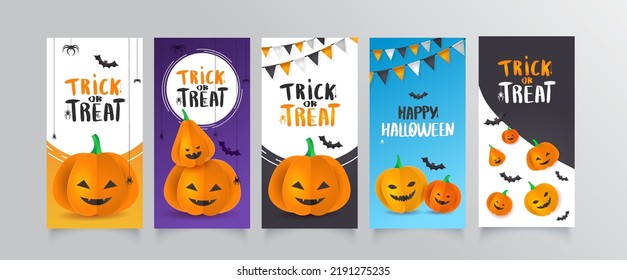 Collection Template flyer with 3D paper pumpkins with Halloween faces. Banner, brochure