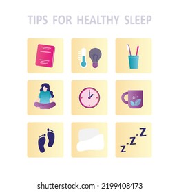 Collection Of Template Signs For Infographic With Tips For Healthy Sleep. Set Of Icons About Comfortable Sleeping Conditions. Recommendations For Better Sleep At Night. Flat Vector Illustration