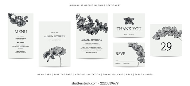 Collection of template wedding stationery with minimalist hand drawn orchid flower