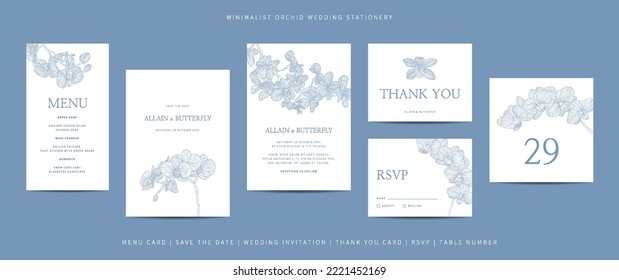 Collection of template wedding stationery with minimalist hand drawn orchid flower