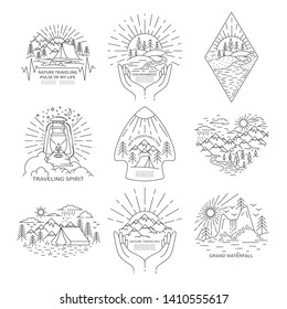 Collection of Templates and banners in Nature Traveling theme. Line landscape into hands and rhombus, arrowheads or heart shape. Rustic lantern poster. Vector illustration.