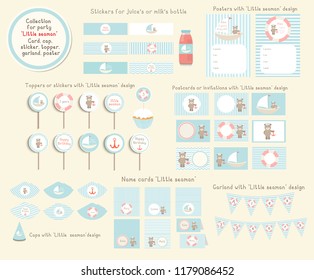 Collection of templates for children holiday with "Little seaman" design. Can be used for baby shower, kids birthday