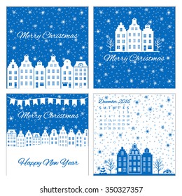 Collection of templates for Christmas and New Year greeting card, Vector cartoon illustration isolated on white, Design for label, banner with colorful european building, snowflakes, flags and text