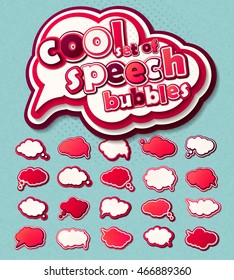 Collection of templates colorful speech bubbles in pop art style. Elements of design comic books. Set of multilayer thought or communication bubbles. Pink 3d stickers. Vector illustration