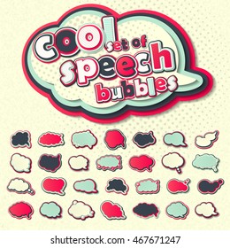 Collection of templates colorful speech bubbles in pop art style. Elements of design comic books. Set of multilayer thought or communication bubbles. Colored 3d stickers. Vector illustration