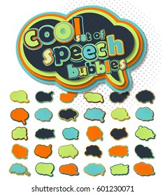 Collection of templates colorful speech bubbles in pop art style. Elements of design comic books. Set of multilayer thought or communication bubbles. Colored 3d stickers. Vector illustration