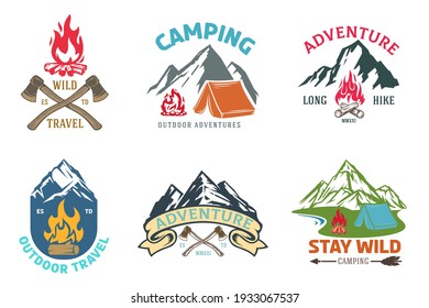 Collection templates composition of outdoor travel, adventures  for badge, label, patches or emblems in retro vintage style. Design concept for tourism. Vector illustration.