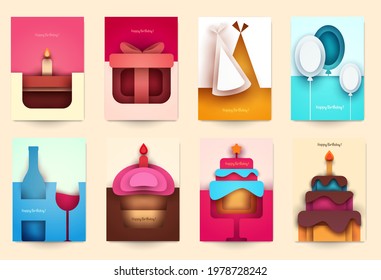Collection templates cover for birthday. Abstract art composition in modern geometric papercut style. Minialistic concept design for banner, flyer, invitation, greeting card. Vector illustration.