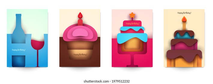 Collection templates cover for birthday. Abstract art composition in modern geometric papercut style. Minialistic concept design for  banner, flyer, invitation, greeting card. Vector illustration.
