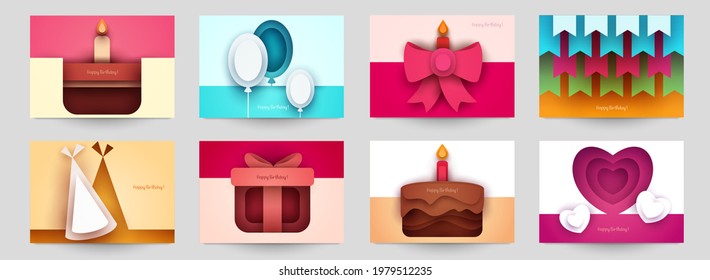 Collection templates cover for birthday. Abstract art composition in modern geometric papercut style. Minialistic concept design for banner, flyer, invitation, greeting card. Vector illustration.