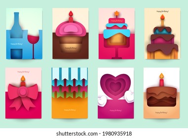 Collection templates cover for birthday. Abstract art composition in modern geometric papercut style. Minialistic concept design for banner, flyer, invitation, greeting card. Vector illustration.