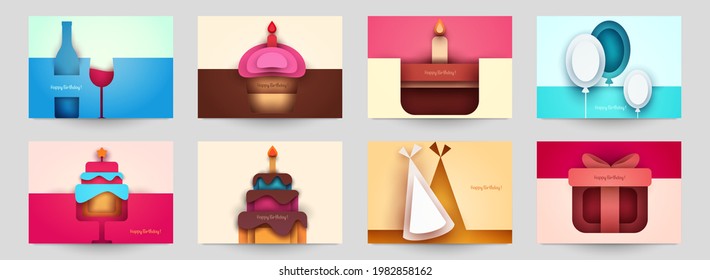 Cubierta de plantillas de colección para cumpleaños. Composición artística abstracta en estilo de papeleo geométrico moderno. Diseño de concepto minimalista para banner, volante, invitación, tarjeta de saludo. Ilustración vectorial.