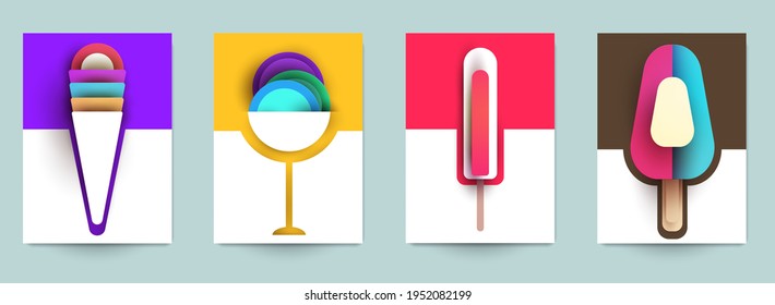 Collection templates cover with ice cream. Abstract art composition in modern geometric papercut style. Minialistic concept design for branding banner, flyer, book, menu, card. Vector illustration.