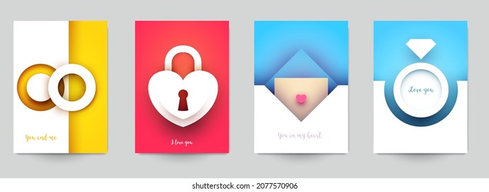 Collection templates cover for wedding. Set abstract art composition in modern geometric papercut style. Minialistic concept design for banner, flyer, invitation, greeting card. Vector illustration.