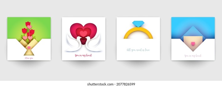 Collection templates cover for wedding. Set abstract art composition in modern geometric papercut style. Minialistic concept design for banner, flyer, invitation, greeting card. Vector illustration.