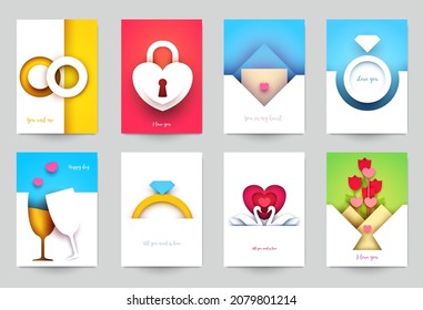 Collection templates cover for wedding. Set abstract art composition in modern geometric papercut style. Minialistic concept design for banner, flyer, invitation, greeting card. Vector illustration.
