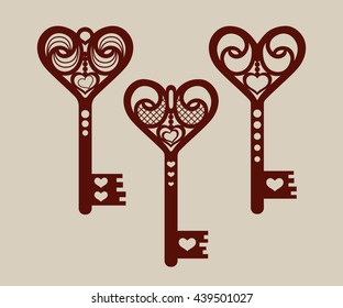 Collection of templates of decorative keys for laser cutting, paper cutting, stencil making. The image is suitable for interior design, props, wedding, Valentine's day, individual creativity