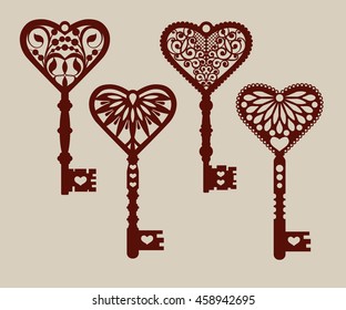 Collection of templates of decorative keys for laser cutting, paper cutting, stencil making. The image is suitable for interior design, props, wedding, Valentine's day, individual creativity