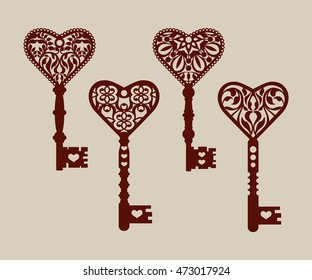 Collection of templates of decorative keys for laser cutting, paper cutting, stencil making. The image is suitable for interior design, props, wedding, Valentine's day, individual creativity