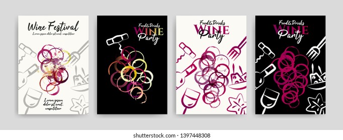 collection of templates with designs for wine, wine and food events. Flyers, posters, invitation cards, banners, menus. Wine stains background. Idea with wine glasses stains and food symbols. Vector